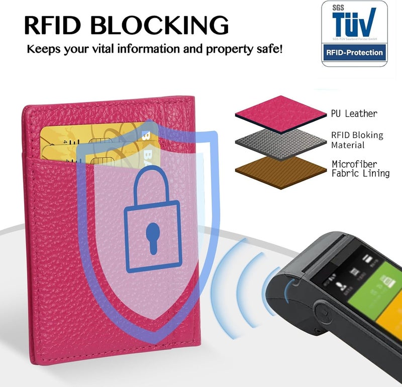 Unaone Slim Minimalist Wallet - Premium Leather RFID Blocking Front Pocket Wallets with 8 Card Slots and 2 ID Window, Rose Red - Image 4